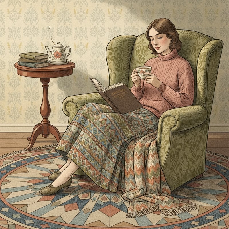 Vintage Girl with Tea and Book