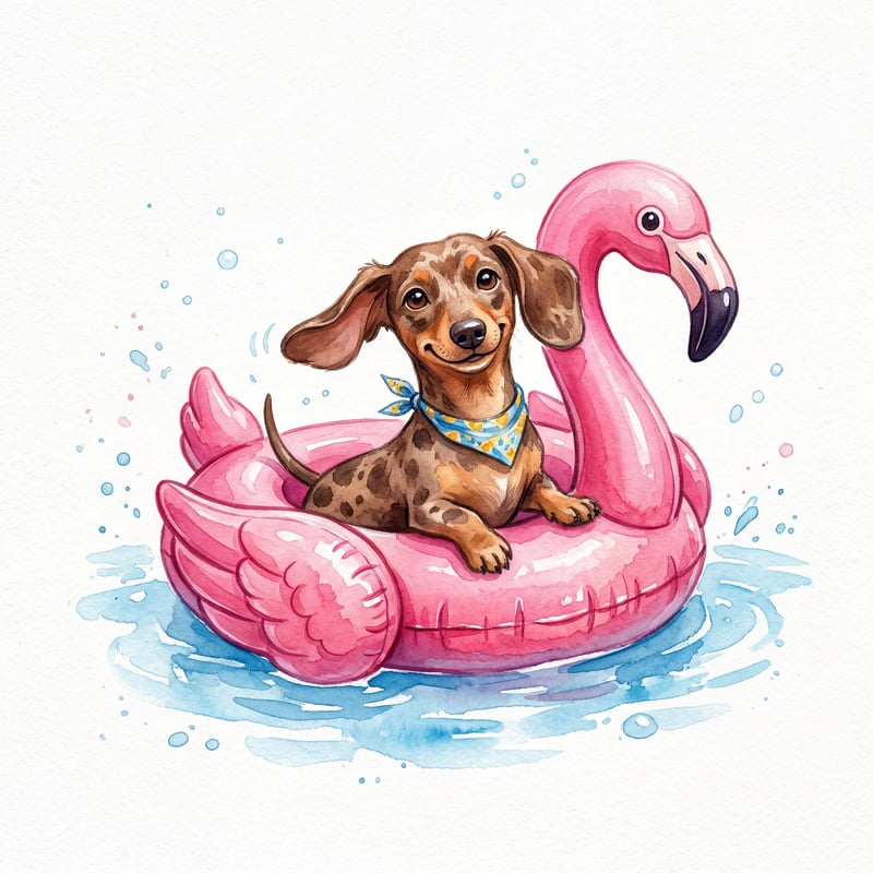 Watercolor Dachshund on Flamingo Float