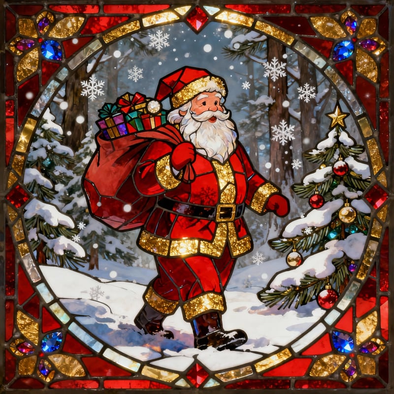 Stained Glass Santa Christmas Scene