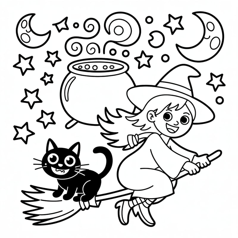 Kawaii Witch with Cat Coloring Page