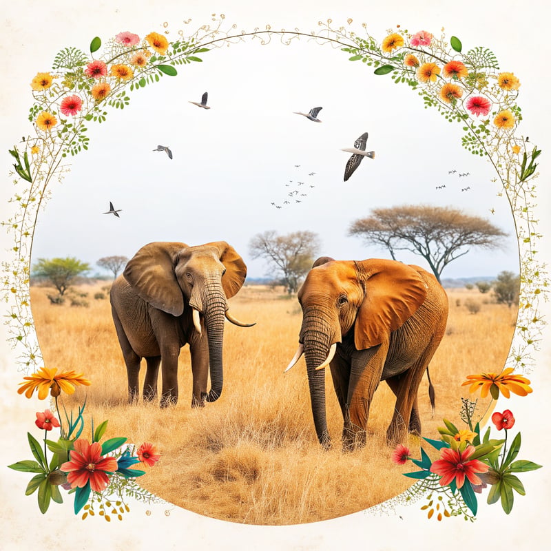 African Elephants in Floral Frame