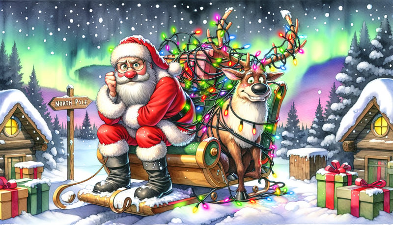 Whimsical Santa and Tangled Reindeer Scene