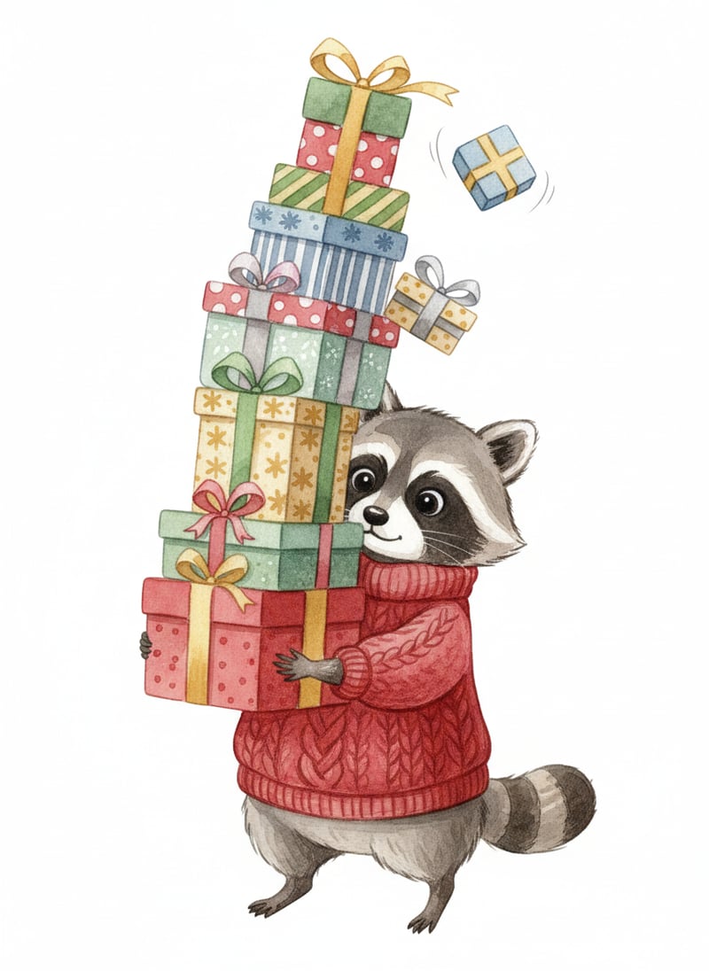 Cute Watercolor Raccoon with Presents