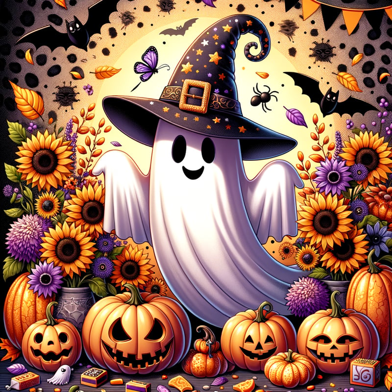 Spooky Halloween Ghost with Sunflowers