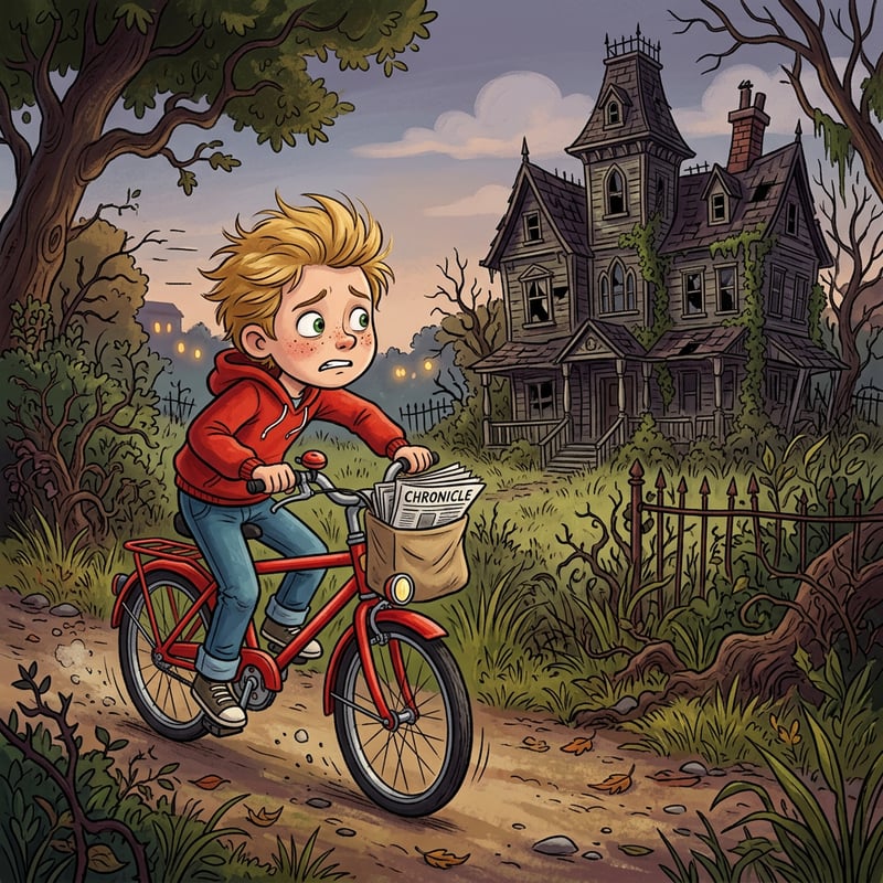 Charlie Riding Past Spooky House