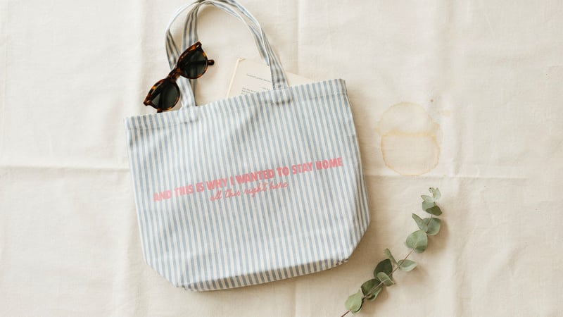 Striped Canvas Bag with Pink Text