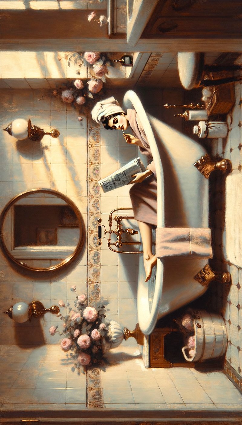 Vintage Bathroom Woman with Newspaper