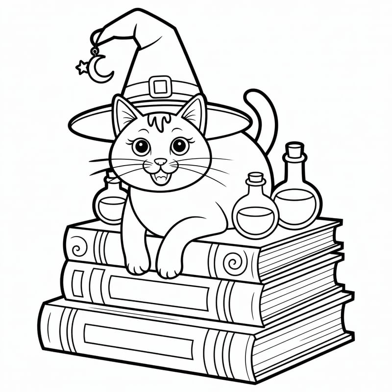 Smiling Witch Cat Halloween Line Art