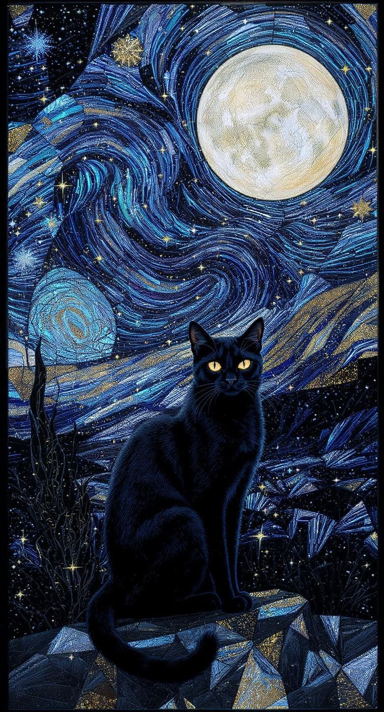 Stained Glass Black Cat Under Starry Sky