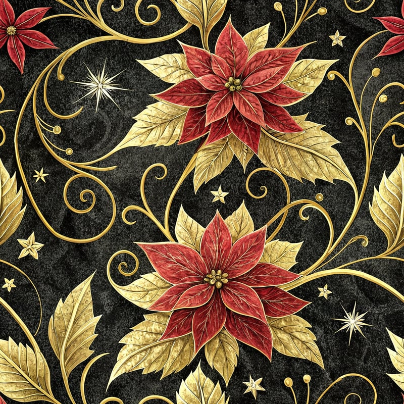 Gold Foil Poinsettias on Black Velvet