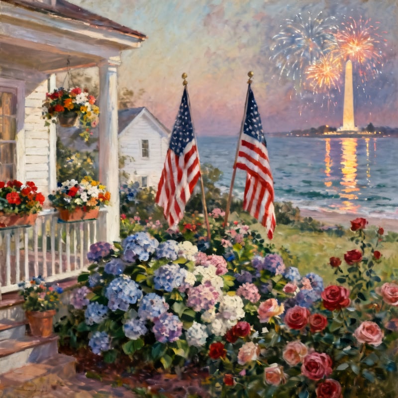 American Flags in Floral Oil Paintings