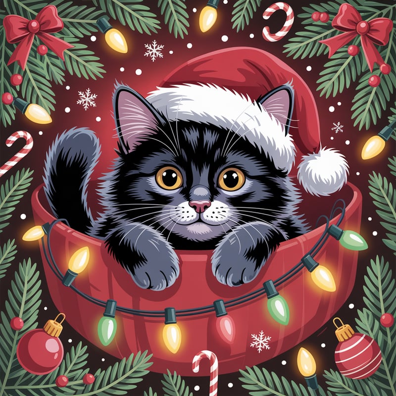 Black Cat in Santa Hat Digital Art
