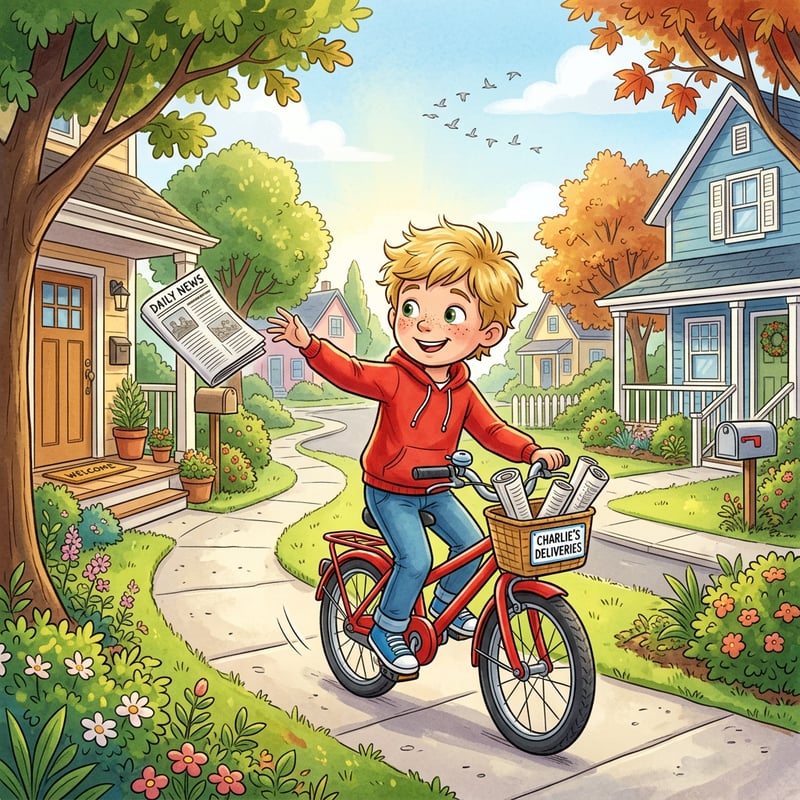 Child Riding Bicycle Throwing Newspaper