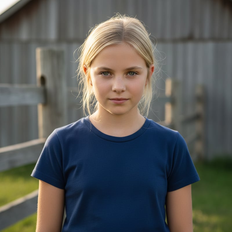 Blonde Farm Girl in Navy Blue Tee