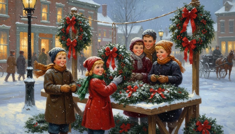 Children Selling Christmas Wreaths Painting