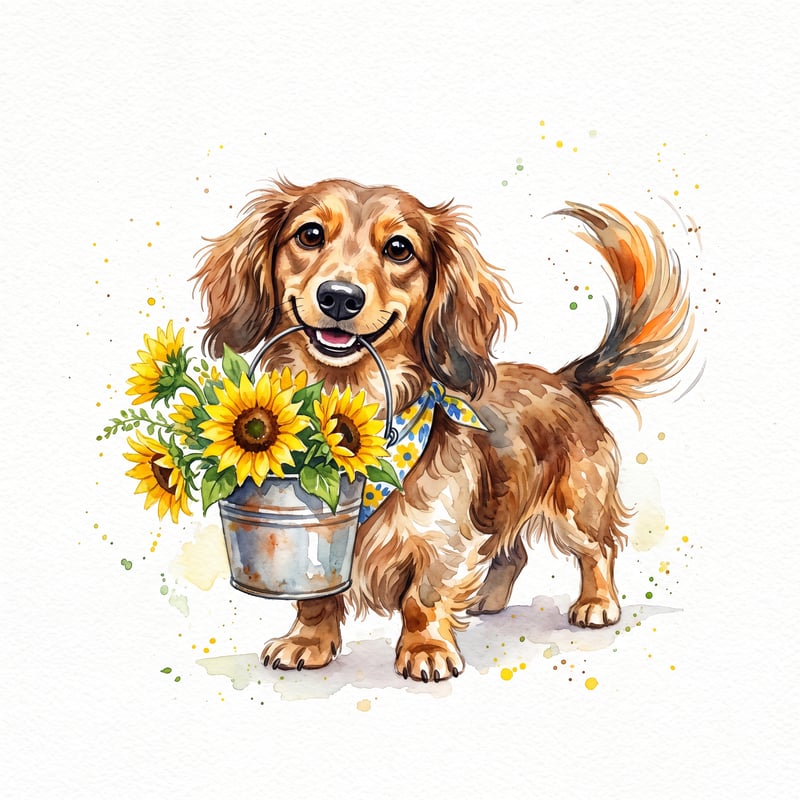 Whimsical Dachshund with Sunflowers