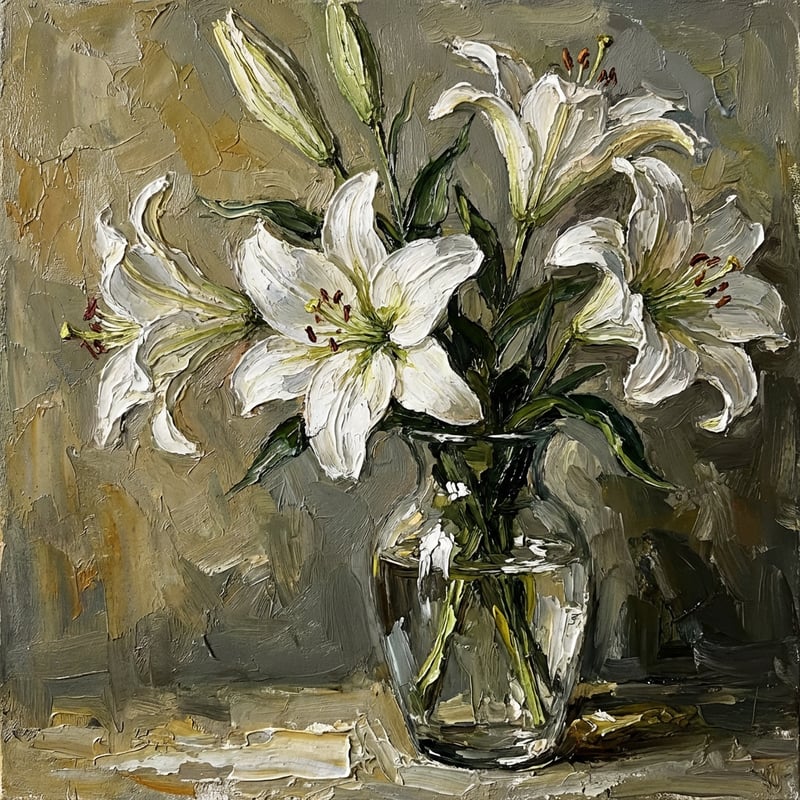 Impasto Oil Painting of White Lilies