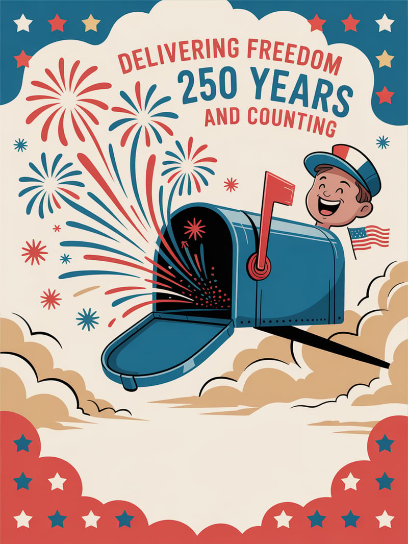 Cartoon Postal Worker with Fireworks