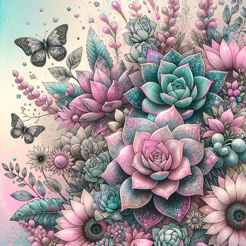 Vibrant Glitter Floral and Succulent Pattern