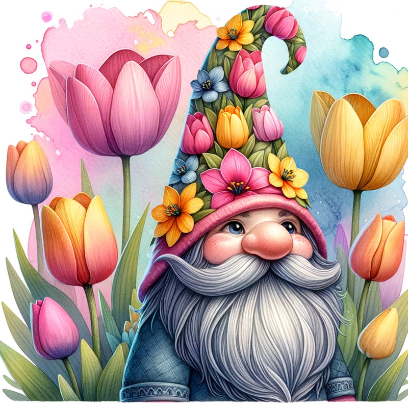 Whimsical Gnome with Tulips