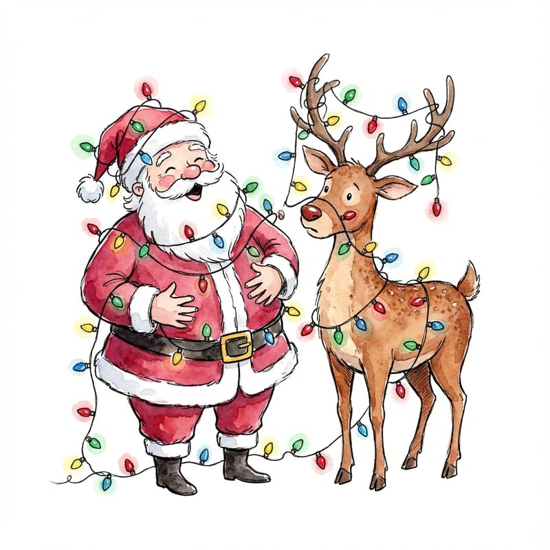 Whimsical Santa and Reindeer with Lights