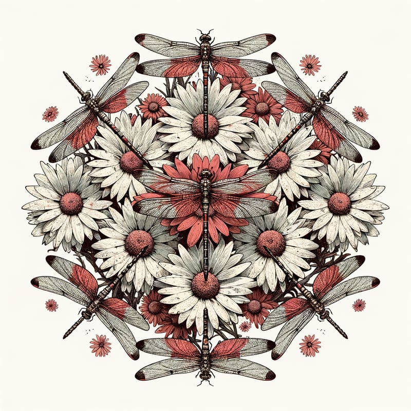 Symmetrical Dragonflies and Daisies Artwork
