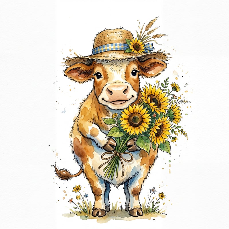 Cow with Straw Hat and Sunflowers