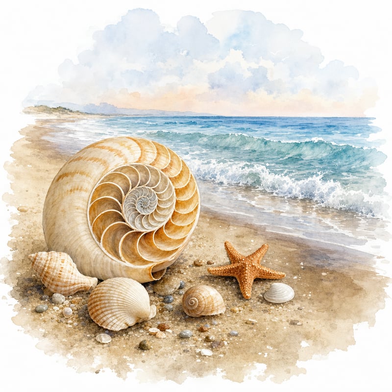 Watercolor Beach Illustration with Nautilus Shell