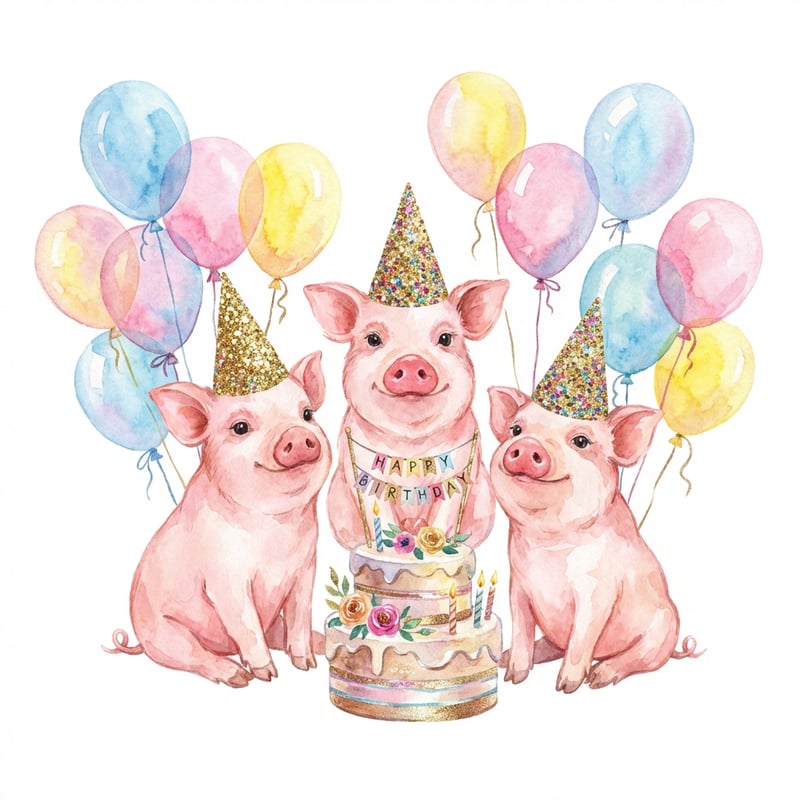 Watercolor Piglets with Birthday Cake