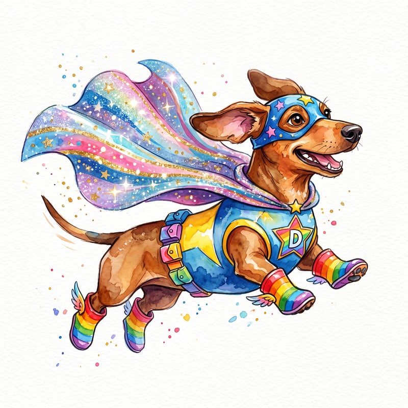 Whimsical Dachshund Superhero Illustration
