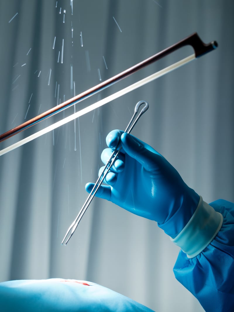 Macro Shot of Violin Bow and Surgeon Hand