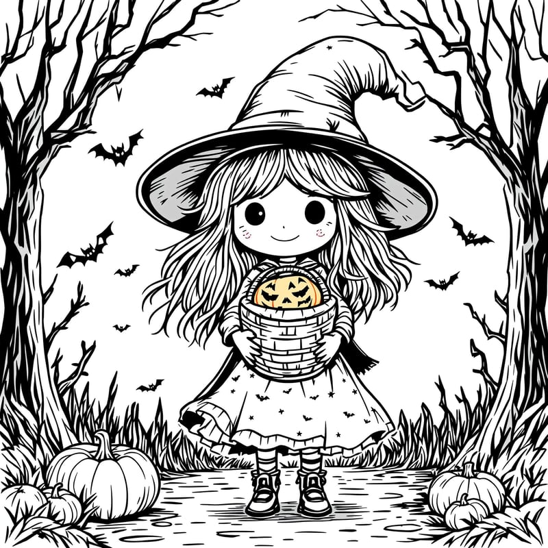 Little Witch Girl with Pumpkin Basket