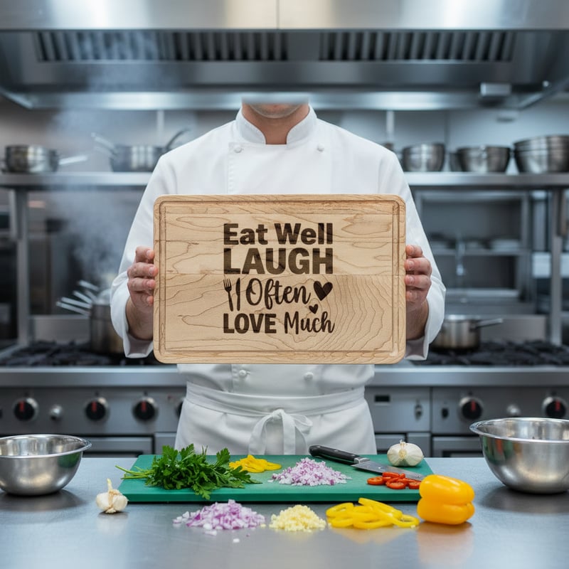 Chef Holding Engraved Board in Kitchen