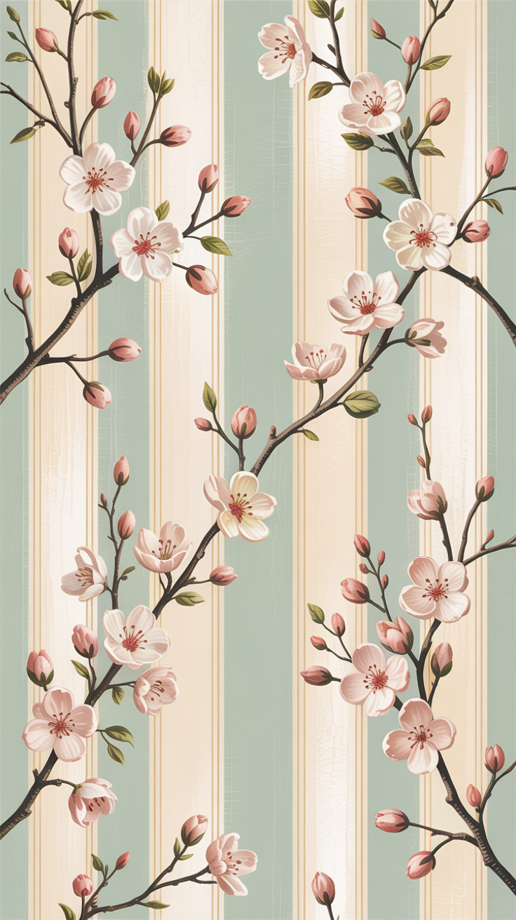 Vintage Floral Mint Striped Wallpaper