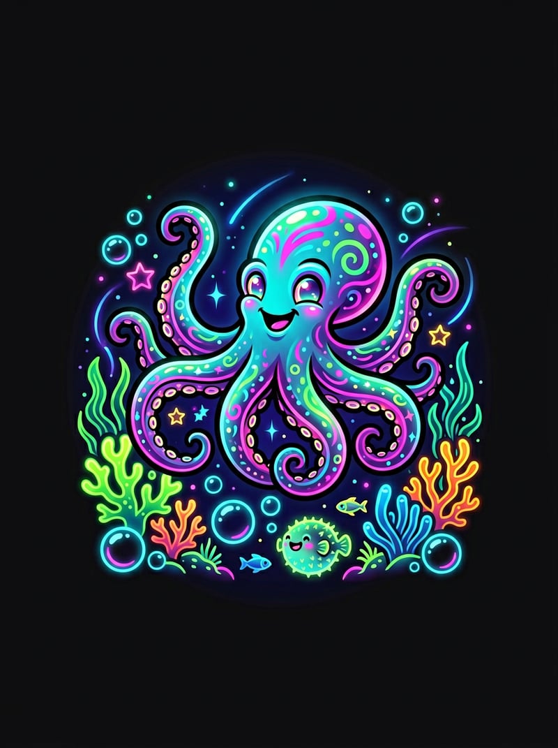 Neon Octopus T-Shirt Design