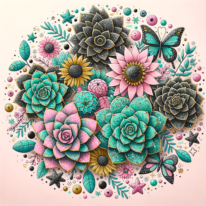 Vibrant Glitter Floral and Succulent Pattern