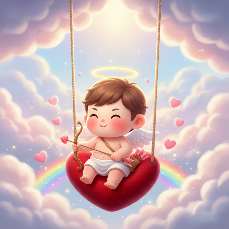 Cute Chibi Cupid on Heart Swing