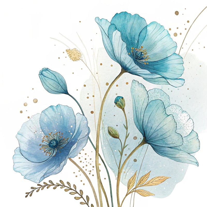 Blue Watercolor Poppy Flowers