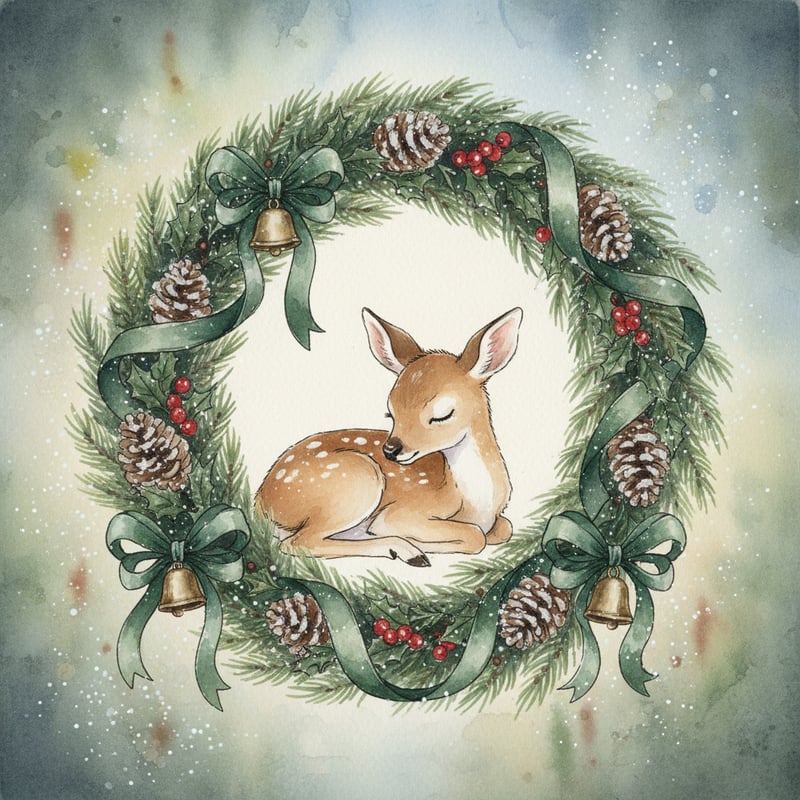 Watercolor Baby Deer in Christmas Wreath
