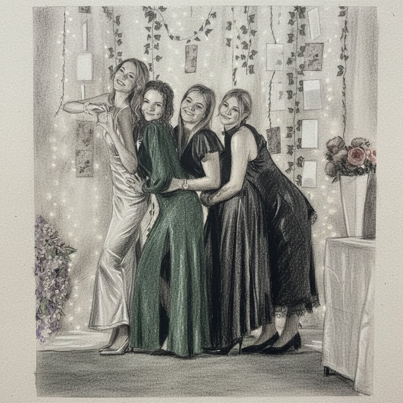 Minimalist Charcoal Drawing of Girls