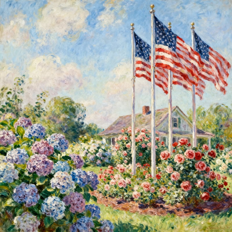 American Flags in a Floral Garden
