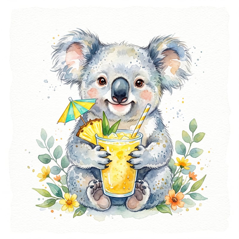 Watercolor Koala with Pineapple Smoothie