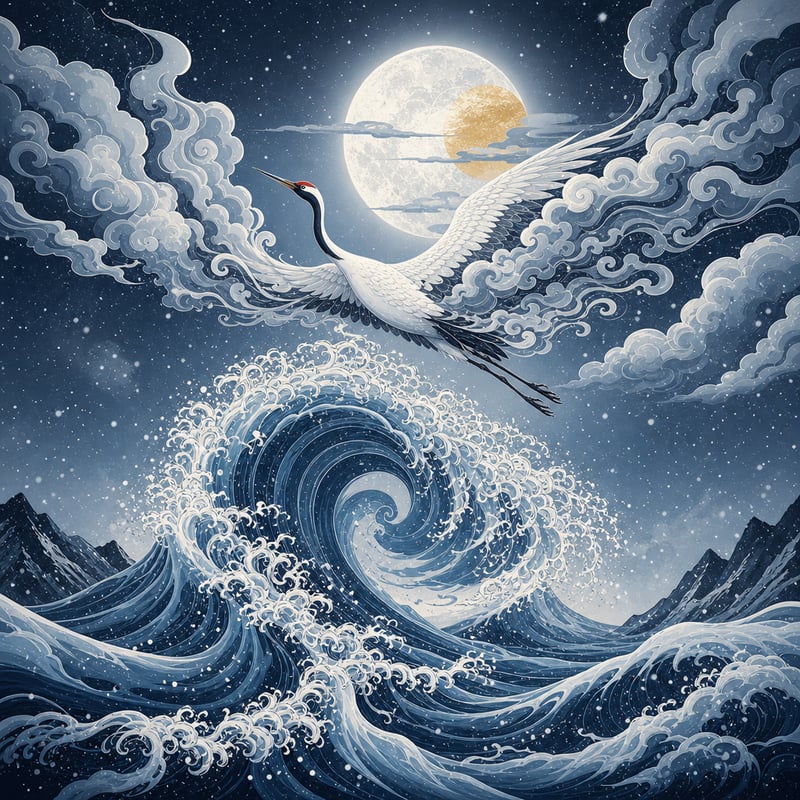 Ukiyo-e Crane Over Icy Wave