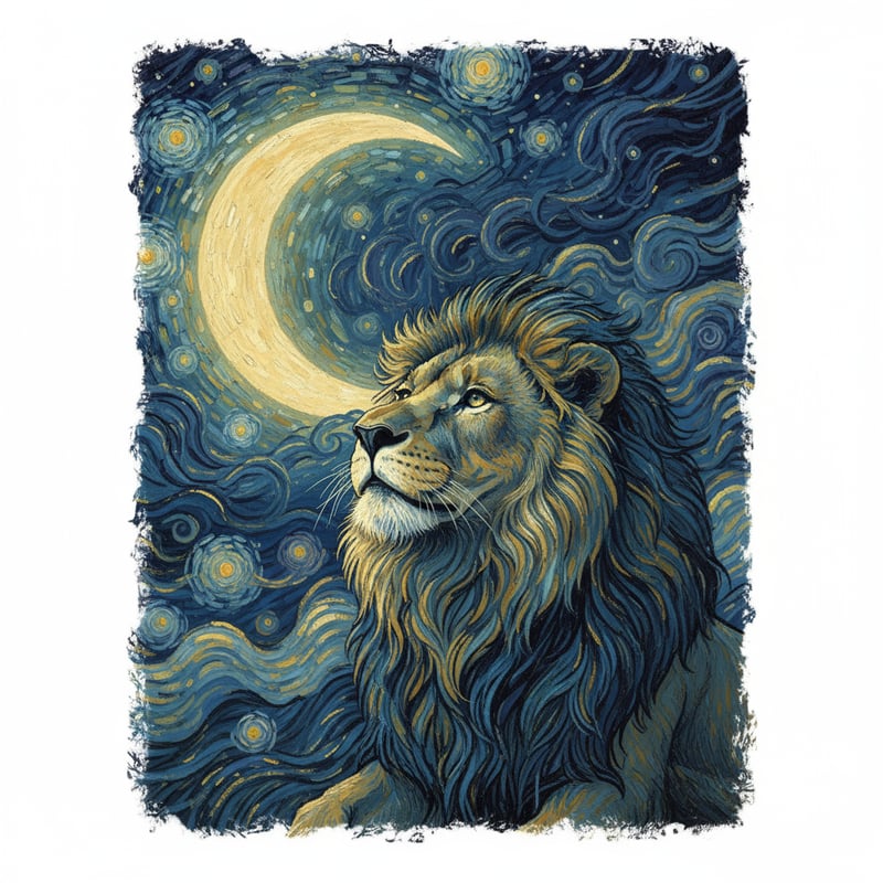 Lion Under Van Gogh Night Moon
