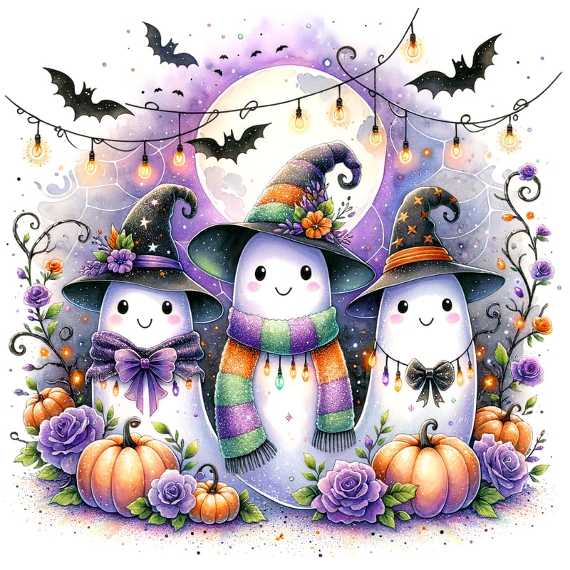 Watercolor Halloween Ghosts Illustration