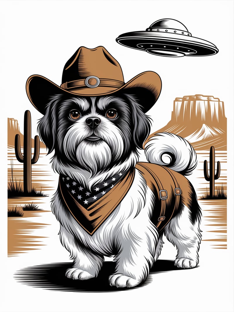 Cowboy Shih Tzu with UFO Illustration