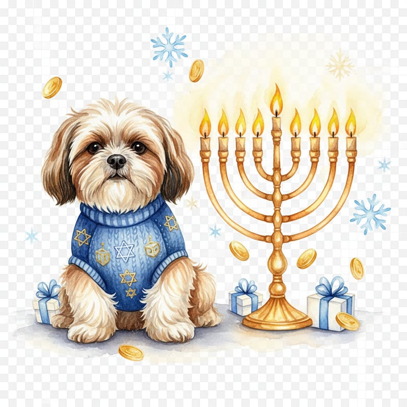 Watercolor Shih Tzu with Hanukkah Sweater