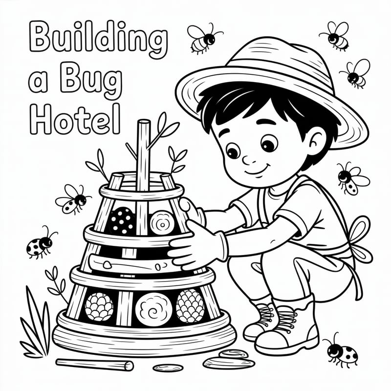 Children's Coloring Page: Building a Bug Hotel