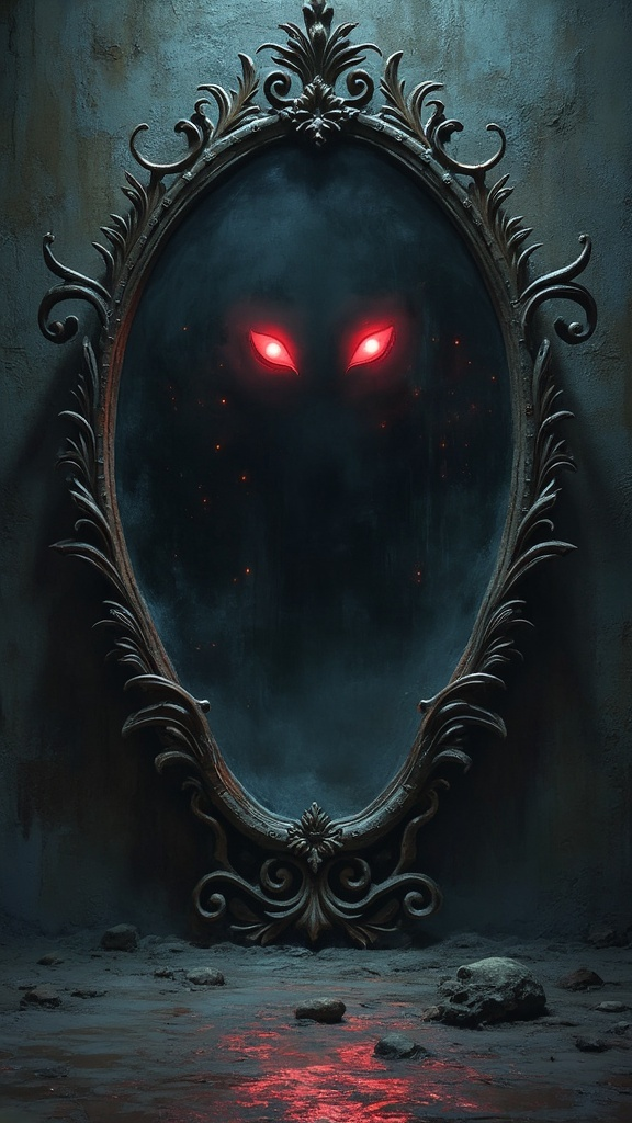 Sinister Ancient Mirror with Red Eyes