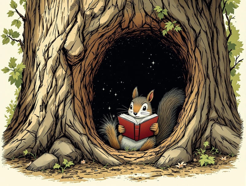 Squirrel Reading in Tree Hollow